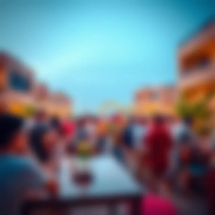 A vibrant community gathering in Sports City, highlighting social interactions and communal living.
