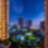 A panoramic view of Dubai's Sports City showcasing modern architecture and green spaces.