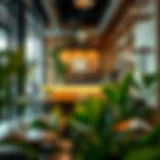 A cozy coffee shop interior showcasing modern decor and artistic elements
