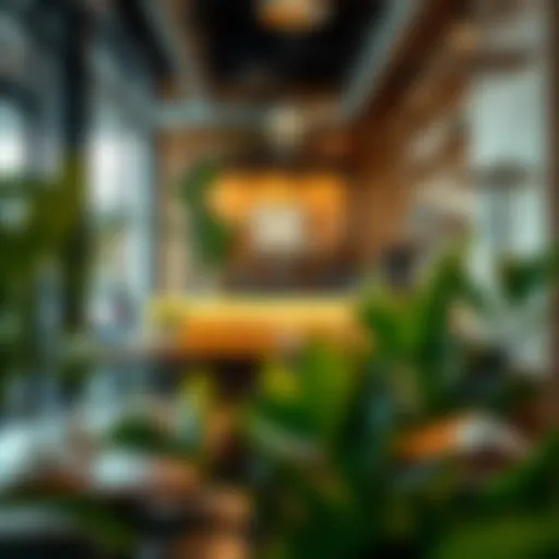 A cozy coffee shop interior showcasing modern decor and artistic elements