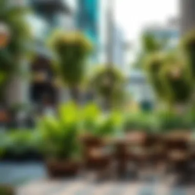 An outdoor seating area filled with vibrant greenery and unique furniture