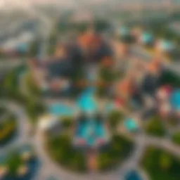 A stunning aerial view of Dubai Parks and Resorts showcasing vibrant attractions and lush landscapes