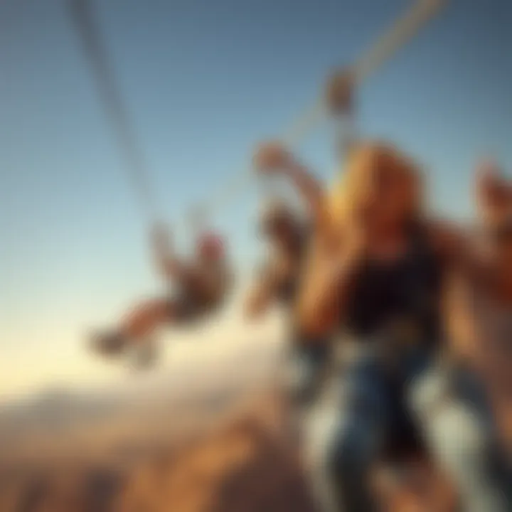 Adventure seekers enjoying zip-lining experience over the mountains