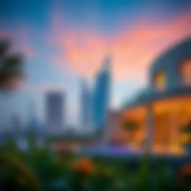La Rosa Residence Against Dubai Skyline Exterior view of a La Rosa residence set against a vibrant Dubai skyline.