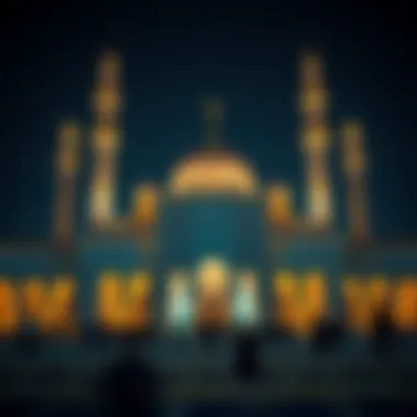 Prayer time at a mosque beautifully illuminated at night