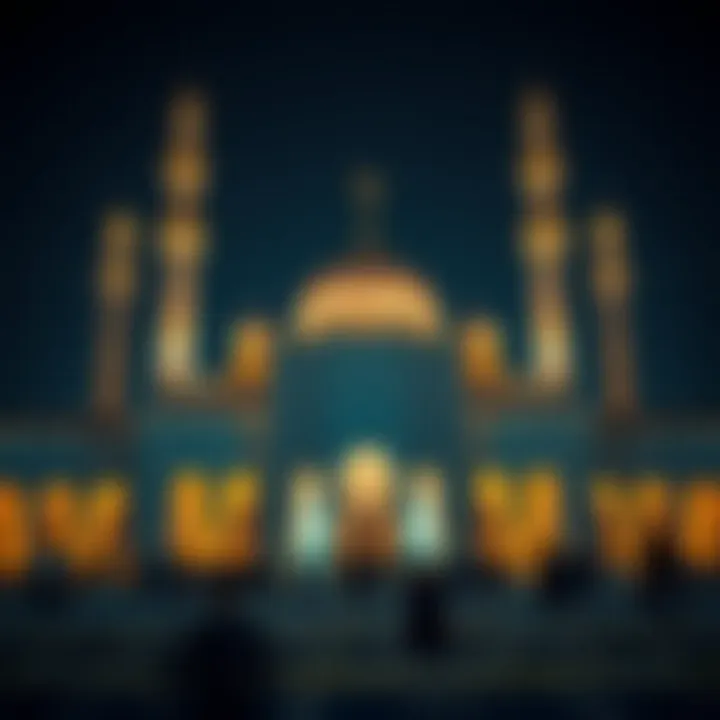 Prayer time at a mosque beautifully illuminated at night