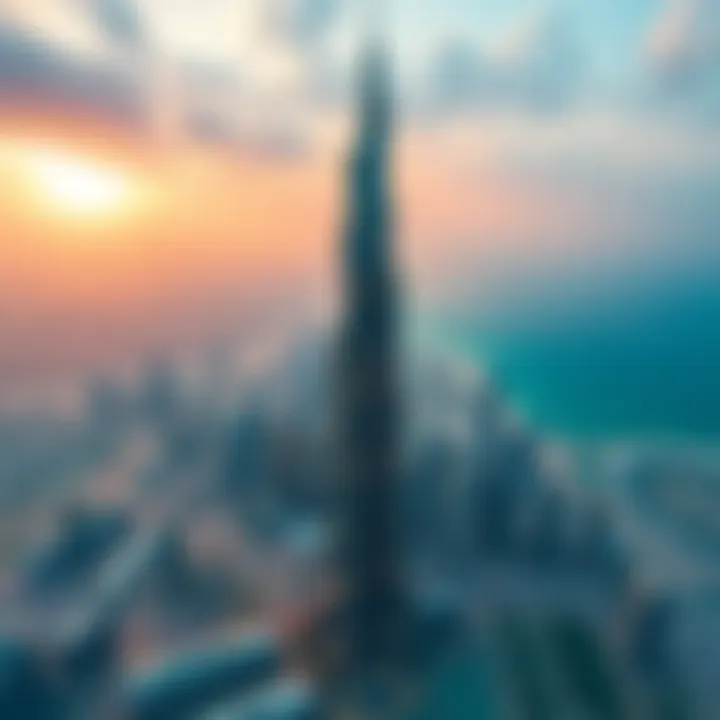Aerial view of Burj Khalifa towering over Dubai