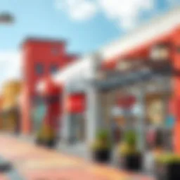 A vibrant exterior view of a modern outlet mall showcasing a variety of store fronts.