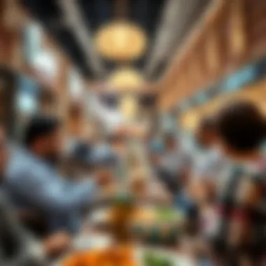 Diners enjoying a meal in the lively setting of Wafi Mall
