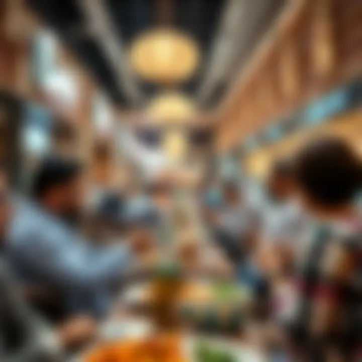 Diners enjoying a meal in the lively setting of Wafi Mall